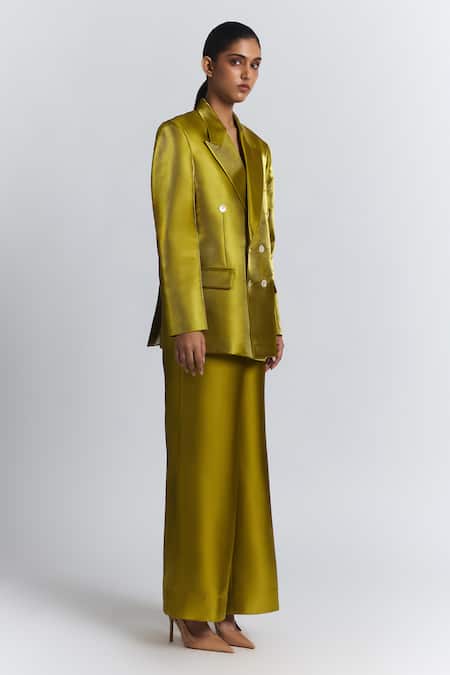 Line Out Line Yellow Polyester Double-breasted Blazer Online at Aza Fashions Line Out Line_Yellow Polyester Double-breasted Blazer _Online_at_Aza_Fashions