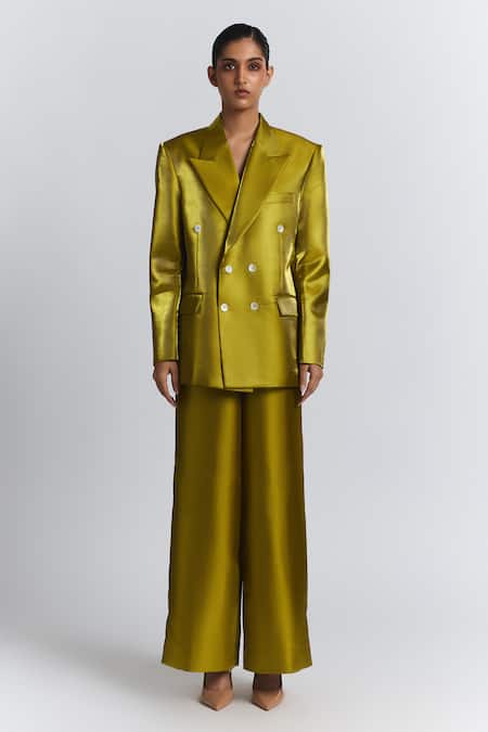 Buy Line Out Line Yellow Polyester Double-breasted Blazer Online at Aza Fashions Buy_Line Out Line_Yellow Polyester Double-breasted Blazer _Online_at_Aza_Fashions