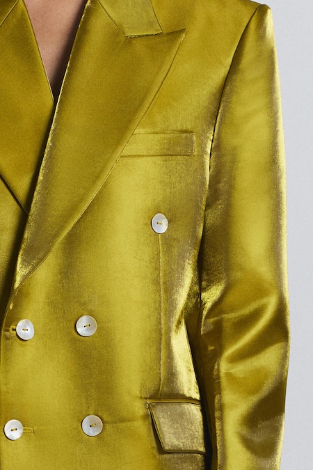Shop Line Out Line Yellow Polyester Double-breasted Blazer Online at Aza Fashions Shop_Line Out Line_Yellow Polyester Double-breasted Blazer _Online_at_Aza_Fashions