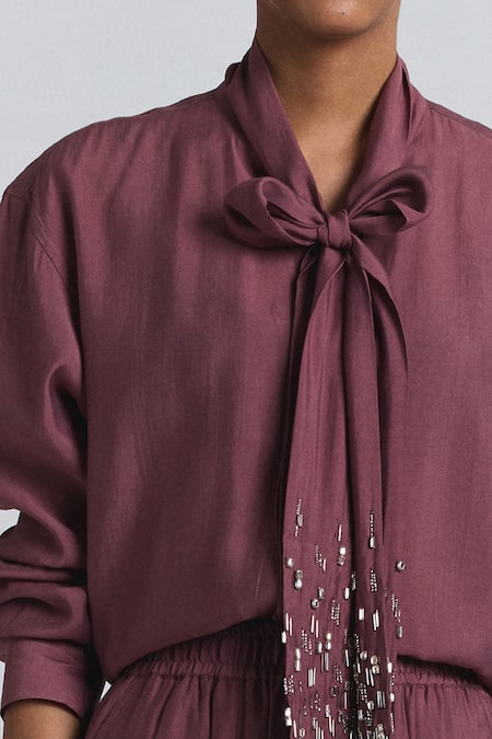 Line Out Line Pink Chanderi Beads Collared Bow Tie Shirt And Pant Set Online at Aza Fashions Line Out Line_Pink Chanderi Beads Collared Bow Tie Shirt And Pant Set _Online_at_Aza_Fashions