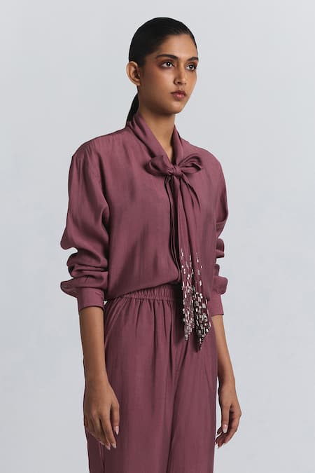 Buy Line Out Line Pink Chanderi Beads Collared Bow Tie Shirt And Pant Set Online at Aza Fashions Buy_Line Out Line_Pink Chanderi Beads Collared Bow Tie Shirt And Pant Set _Online_at_Aza_Fashions