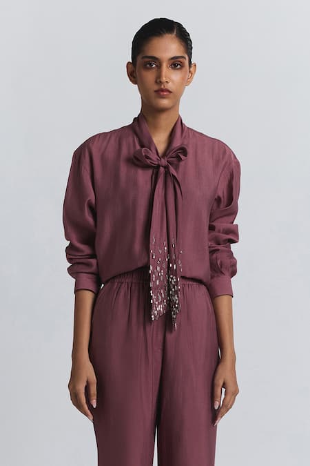 Shop Line Out Line Pink Chanderi Beads Collared Bow Tie Shirt And Pant Set Online at Aza Fashions Shop_Line Out Line_Pink Chanderi Beads Collared Bow Tie Shirt And Pant Set _Online_at_Aza_Fashions