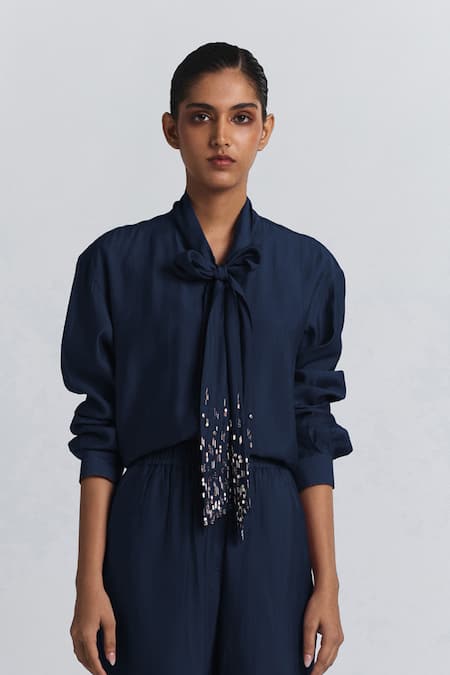 Line Out Line Navy Chanderi Beads Collared Tie-up Shirt And Pant Set Online at Aza Fashions Line Out Line_Navy Chanderi Beads Collared Tie-up Shirt And Pant Set _Online_at_Aza_Fashions