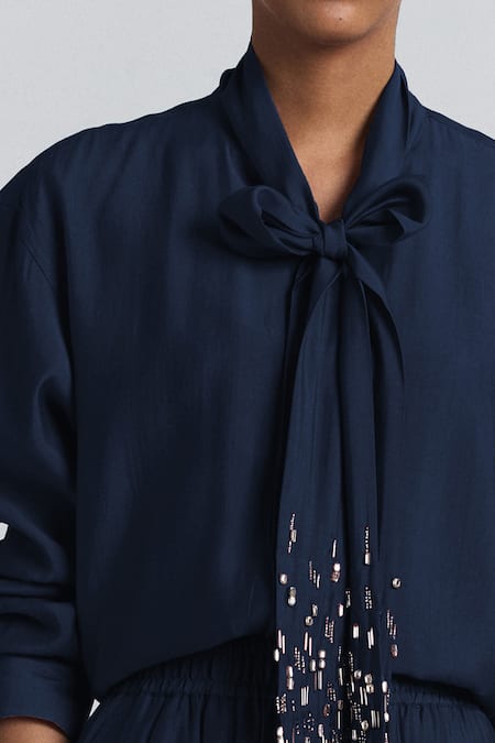 Buy Line Out Line Navy Chanderi Beads Collared Tie-up Shirt And Pant Set Online at Aza Fashions Buy_Line Out Line_Navy Chanderi Beads Collared Tie-up Shirt And Pant Set _Online_at_Aza_Fashions