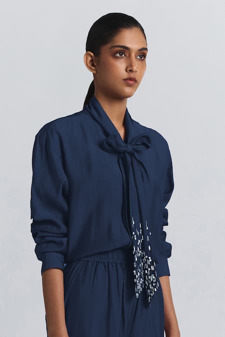 Shop Line Out Line Navy Chanderi Beads Collared Tie-up Shirt And Pant Set Online at Aza Fashions Shop_Line Out Line_Navy Chanderi Beads Collared Tie-up Shirt And Pant Set _Online_at_Aza_Fashions