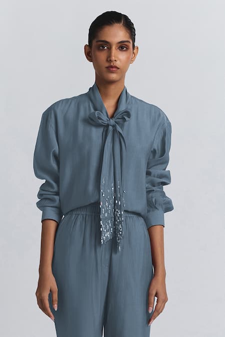 Line Out Line Gray Chanderi Beads High Neck Tie-up Shirt And Pant Set Online at Aza Fashions Line Out Line_Gray Chanderi Beads High Neck Tie-up Shirt And Pant Set _Online_at_Aza_Fashions