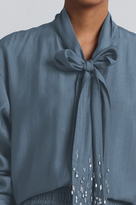 Buy Line Out Line Gray Chanderi Beads High Neck Tie-up Shirt And Pant Set Online at Aza Fashions Buy_Line Out Line_Gray Chanderi Beads High Neck Tie-up Shirt And Pant Set _Online_at_Aza_Fashions