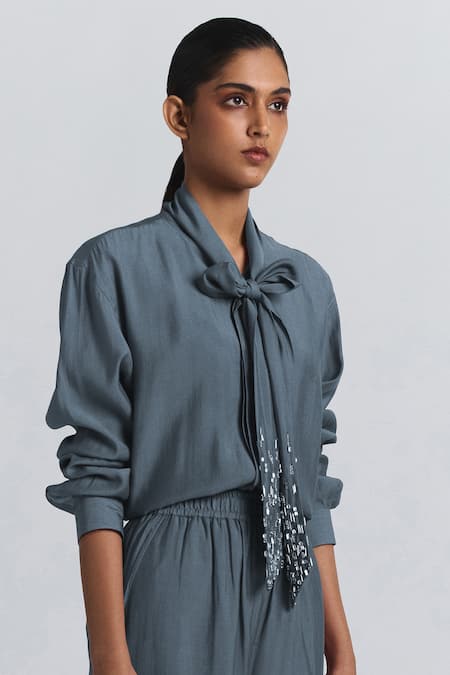 Shop Line Out Line Gray Chanderi Beads High Neck Tie-up Shirt And Pant Set Online at Aza Fashions Shop_Line Out Line_Gray Chanderi Beads High Neck Tie-up Shirt And Pant Set _Online_at_Aza_Fashions