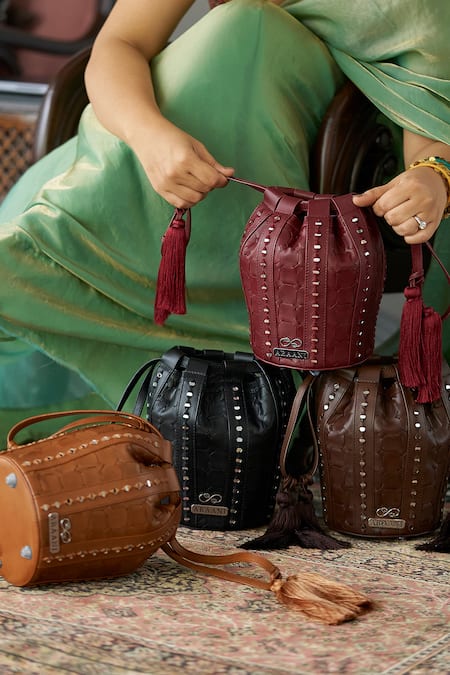 Araani Design_Brown Embroidery, Tassels Sheesham Textured And Hand Potli _Online_at_Aza_Fashions