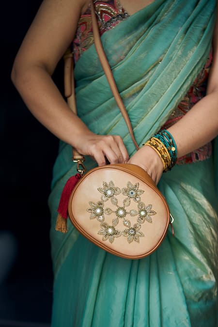 Araani Design_Beige Embroidery, Tassels, Mirrors, Beads Jhilmil Cutdana Hand Sling Bag _Online_at_Aza_Fashions