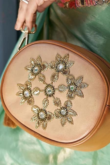 Buy_Araani Design_Beige Embroidery, Tassels, Mirrors, Beads Jhilmil Cutdana Hand Sling Bag _Online_at_Aza_Fashions