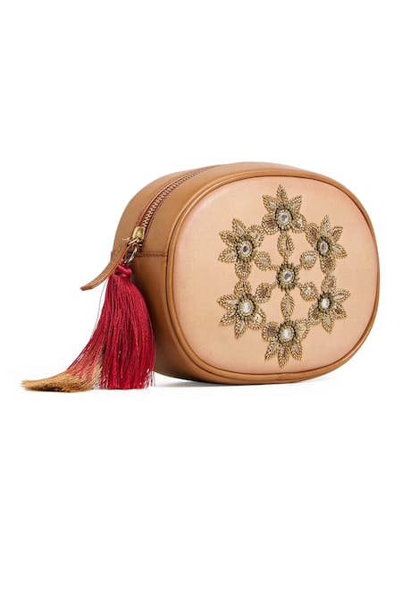 Shop_Araani Design_Beige Embroidery, Tassels, Mirrors, Beads Jhilmil Cutdana Hand Sling Bag _Online_at_Aza_Fashions