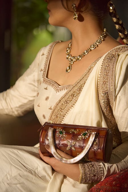 Araani Design_Brown Gemstones, Embroidery Embellished And Hand Dholki Bag _Online_at_Aza_Fashions