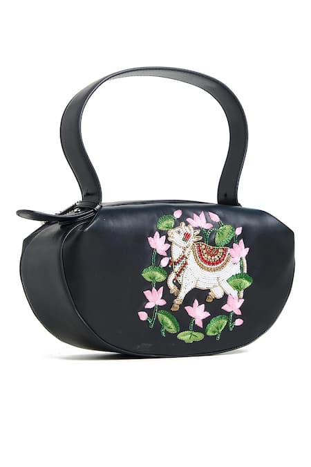 Araani Design_Black Embroidery, Beads, Sequins Kamdhenu Reshamdozi Hand Bag _Online_at_Aza_Fashions