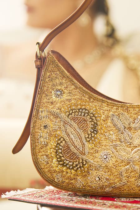 Buy_Araani Design_Brown Embroidery, Beads, Sequins Mughal Hand Shoulder Bag _Online_at_Aza_Fashions