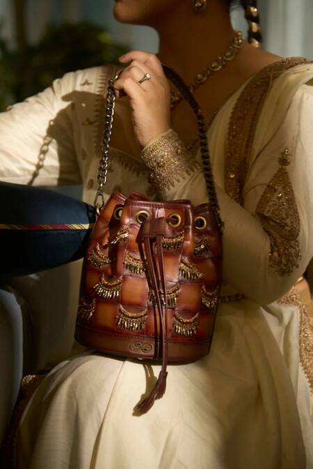 Araani Design_Brown Embroidery, Tassels Jhalar Metallic Hand Potli _Online_at_Aza_Fashions