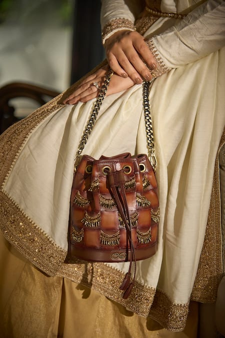 Shop_Araani Design_Brown Embroidery, Tassels Jhalar Metallic Hand Potli _Online_at_Aza_Fashions