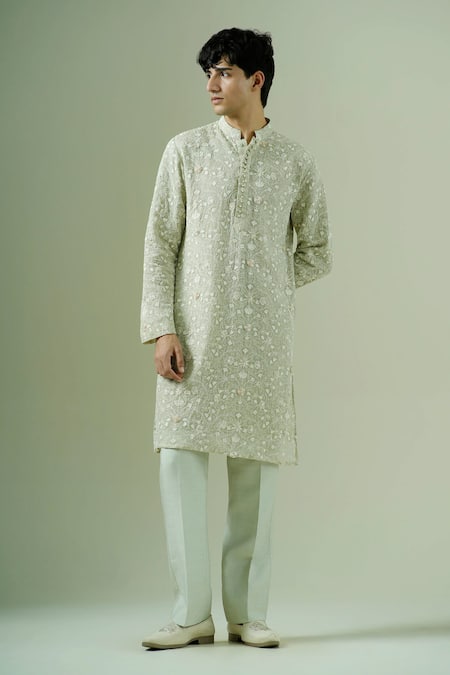 Darzi House_Green Georgette Embroidery, Zari Pistachio Flora Kurta Set _Online_at_Aza_Fashions