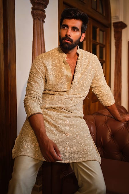 Darzi House_Green Georgette Embroidery, Zari Pistachio Flora Kurta Set _at_Aza_Fashions