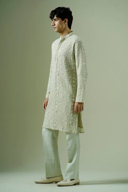 Buy_Darzi House_Green Georgette Embroidery, Zari Pistachio Flora Kurta Set 