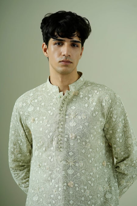 Shop_Darzi House_Green Georgette Embroidery, Zari Pistachio Flora Kurta Set 