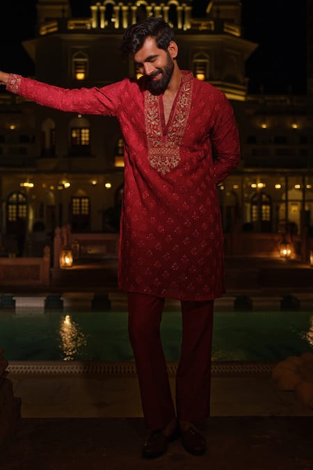 Darzi House Red Cotton, Chanderi Embroidery, Zari Ruby Zardozi Kurta Set Online at Aza Fashions Darzi House_Red Cotton, Chanderi Embroidery, Zari Ruby Zardozi Kurta Set _Online_at_Aza_Fashions