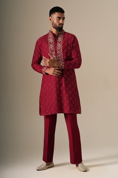 Shop Darzi House Red Cotton, Chanderi Embroidery, Zari Ruby Zardozi Kurta Set Online at Aza Fashions Shop_Darzi House_Red Cotton, Chanderi Embroidery, Zari Ruby Zardozi Kurta Set _Online_at_Aza_Fashions