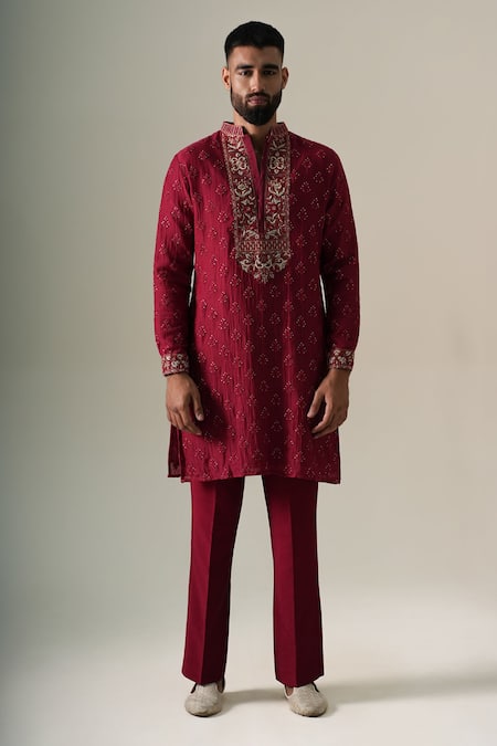 Darzi House Red Cotton, Chanderi Embroidery, Zari Ruby Zardozi Kurta Set at Aza Fashions Darzi House_Red Cotton, Chanderi Embroidery, Zari Ruby Zardozi Kurta Set _at_Aza_Fashions