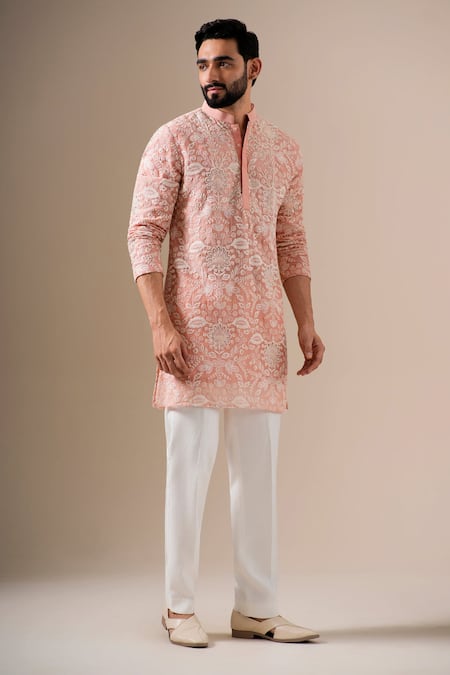 Darzi House_Peach Cotton, Chanderi Embroidery, Zari Floral Blush Kurta Set _Online_at_Aza_Fashions
