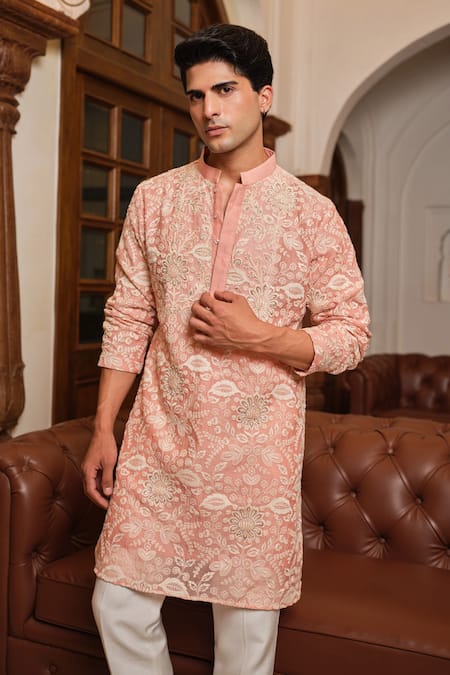 Buy_Darzi House_Peach Cotton, Chanderi Embroidery, Zari Floral Blush Kurta Set _Online_at_Aza_Fashions