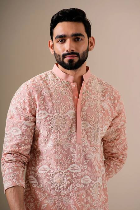 Shop_Darzi House_Peach Cotton, Chanderi Embroidery, Zari Floral Blush Kurta Set _Online_at_Aza_Fashions