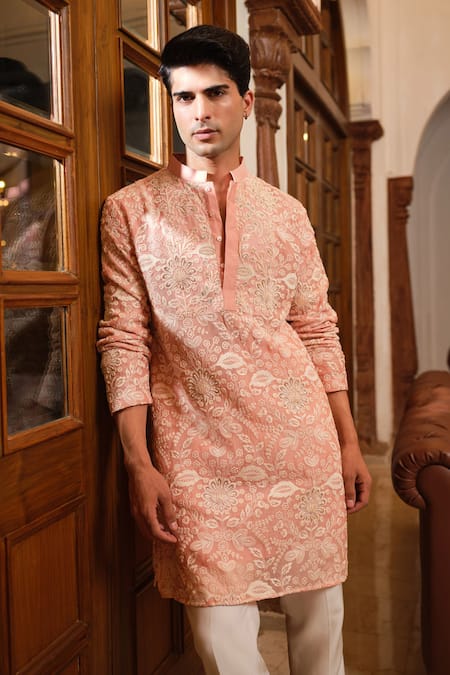 Darzi House_Peach Cotton, Chanderi Embroidery, Zari Floral Blush Kurta Set _at_Aza_Fashions