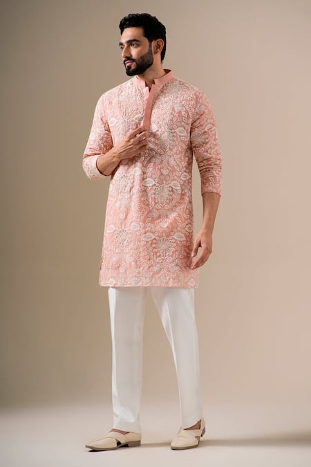 Buy_Darzi House_Peach Cotton, Chanderi Embroidery, Zari Floral Blush Kurta Set 