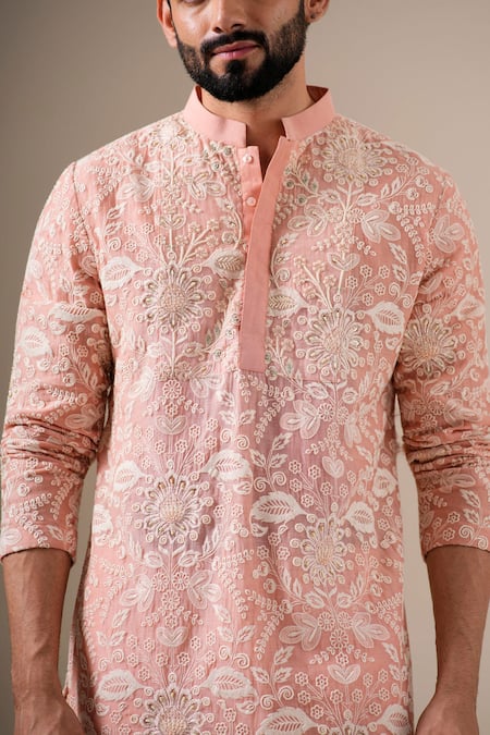 Shop_Darzi House_Peach Cotton, Chanderi Embroidery, Zari Floral Blush Kurta Set 