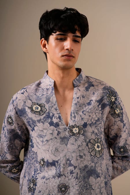 Buy_Darzi House_Blue Cotton Beads, Pearls, Sequins, Embroidery Stone Garden Kurta Set _Online_at_Aza_Fashions