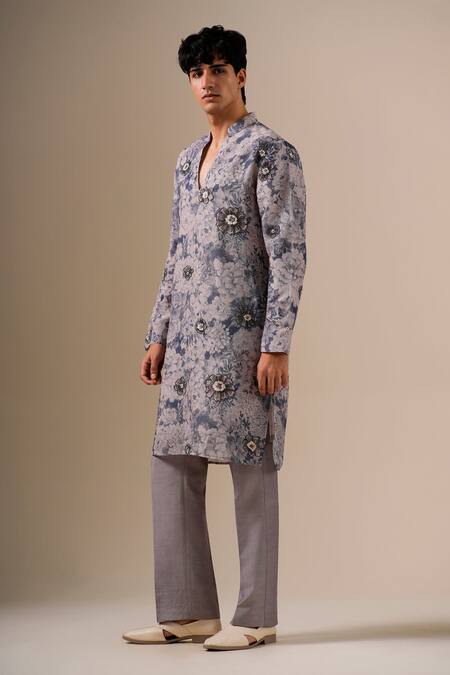 Shop_Darzi House_Blue Cotton Beads, Pearls, Sequins, Embroidery Stone Garden Kurta Set _Online_at_Aza_Fashions