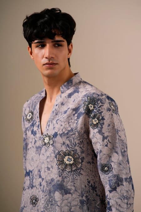 Darzi House_Blue Cotton Beads, Pearls, Sequins, Embroidery Stone Garden Kurta Set _at_Aza_Fashions