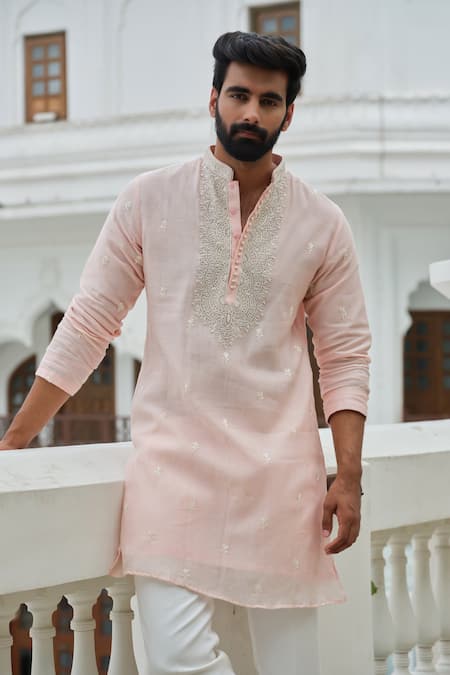 Buy_Darzi House_Pink Cotton, Chanderi Embroidery, Beads Radiant Thread Work Kurta Set _Online_at_Aza_Fashions
