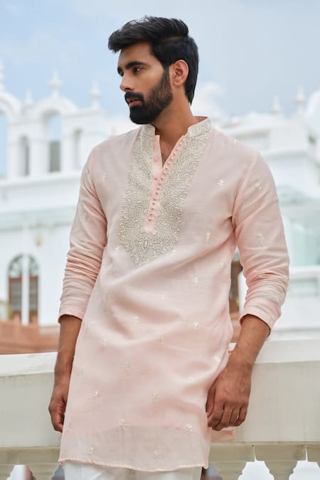 Shop_Darzi House_Pink Cotton, Chanderi Embroidery, Beads Radiant Thread Work Kurta Set _Online_at_Aza_Fashions