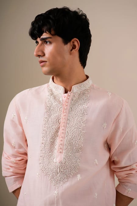 Darzi House_Pink Cotton, Chanderi Embroidery, Beads Radiant Thread Work Kurta Set _at_Aza_Fashions