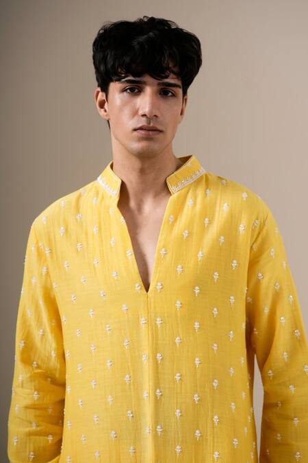 Buy_Darzi House_Yellow Cotton, Chanderi Embroidery, Sequins, Beads Sunlit Charm Kurta Set _Online_at_Aza_Fashions