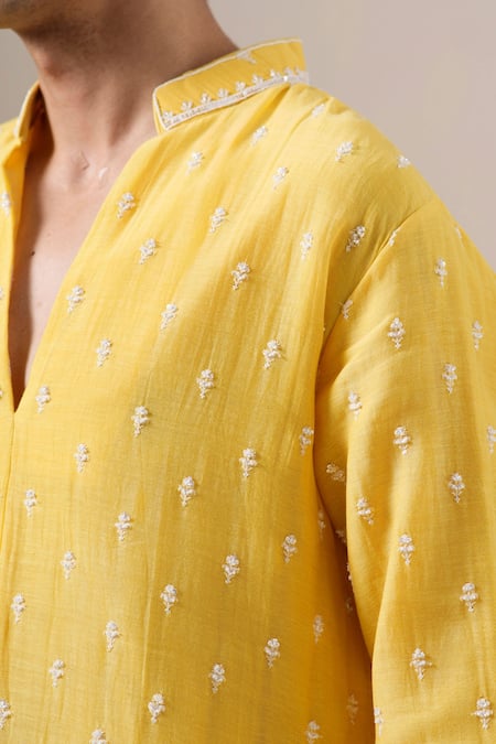 Shop_Darzi House_Yellow Cotton, Chanderi Embroidery, Sequins, Beads Sunlit Charm Kurta Set _Online_at_Aza_Fashions