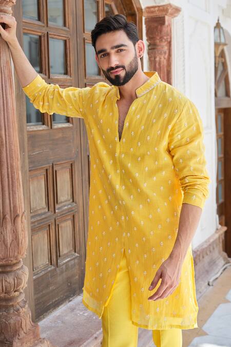 Darzi House_Yellow Cotton, Chanderi Embroidery, Sequins, Beads Sunlit Charm Kurta Set _at_Aza_Fashions