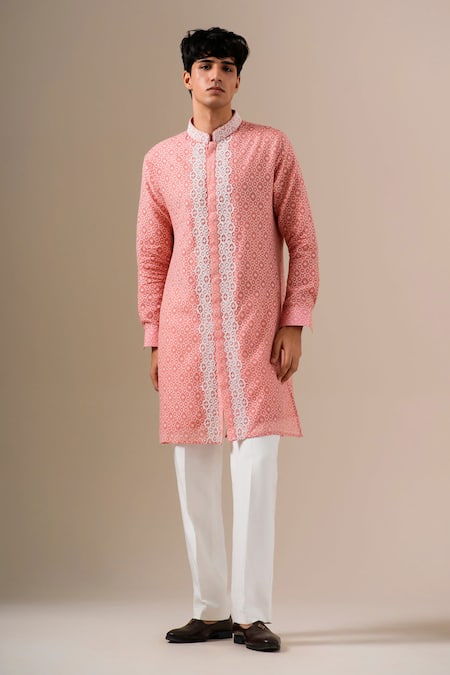 Darzi House_Peach Cotton, Jacquard Beads Cerise Glow Geoemtric Pattern Kurta Set _Online_at_Aza_Fashions