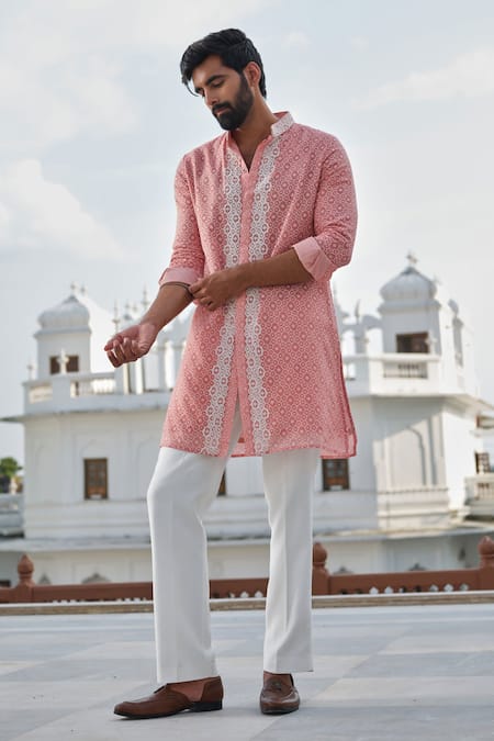 Buy_Darzi House_Peach Cotton, Jacquard Beads Cerise Glow Geoemtric Pattern Kurta Set _Online_at_Aza_Fashions