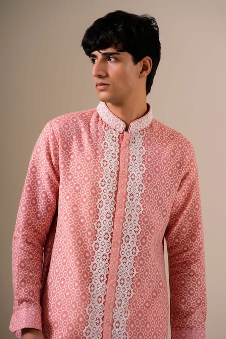 Darzi House_Peach Cotton, Jacquard Beads Cerise Glow Geoemtric Pattern Kurta Set _at_Aza_Fashions