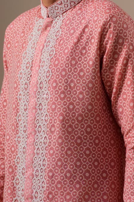 Buy_Darzi House_Peach Cotton, Jacquard Beads Cerise Glow Geoemtric Pattern Kurta Set 