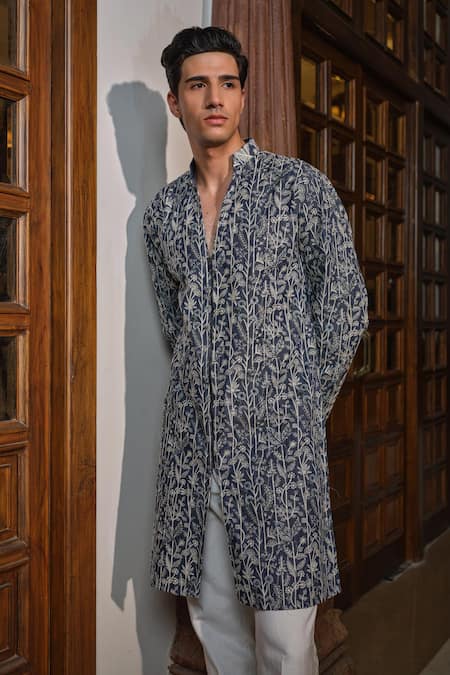 Darzi House Blue Denim Embroidery, Sequins, Beads Flora Kurta Set Online at Aza Fashions Darzi House_Blue Denim Embroidery, Sequins, Beads Flora Kurta Set _Online_at_Aza_Fashions