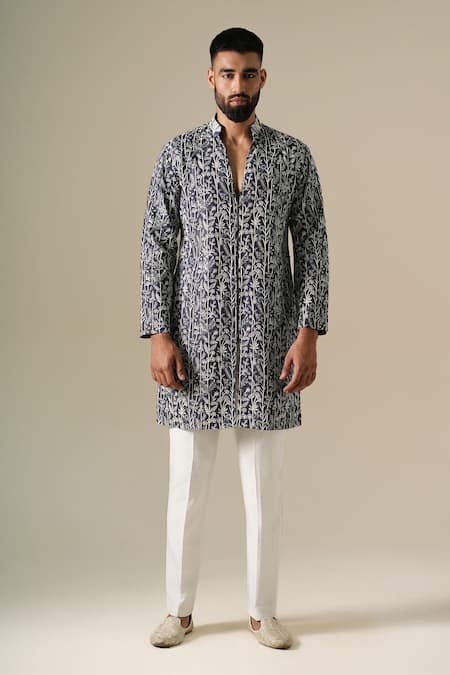 Shop Darzi House Blue Denim Embroidery, Sequins, Beads Flora Kurta Set Online at Aza Fashions Shop_Darzi House_Blue Denim Embroidery, Sequins, Beads Flora Kurta Set _Online_at_Aza_Fashions