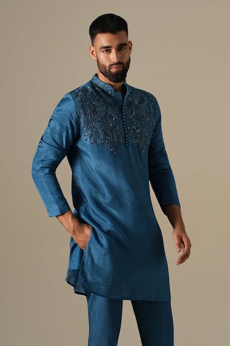 Buy_Darzi House_Blue Silk Embroidery, Sequins, Beads Indigo Starlit Kurta Set _Online_at_Aza_Fashions